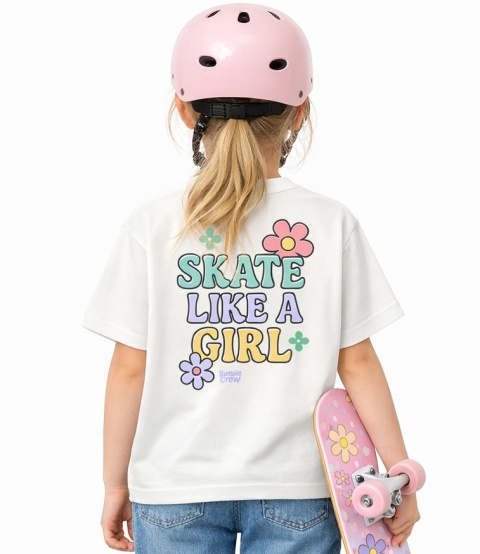Koszulka dziecięca Skate Like a Girl – skate style dla dziewczynek (biała)